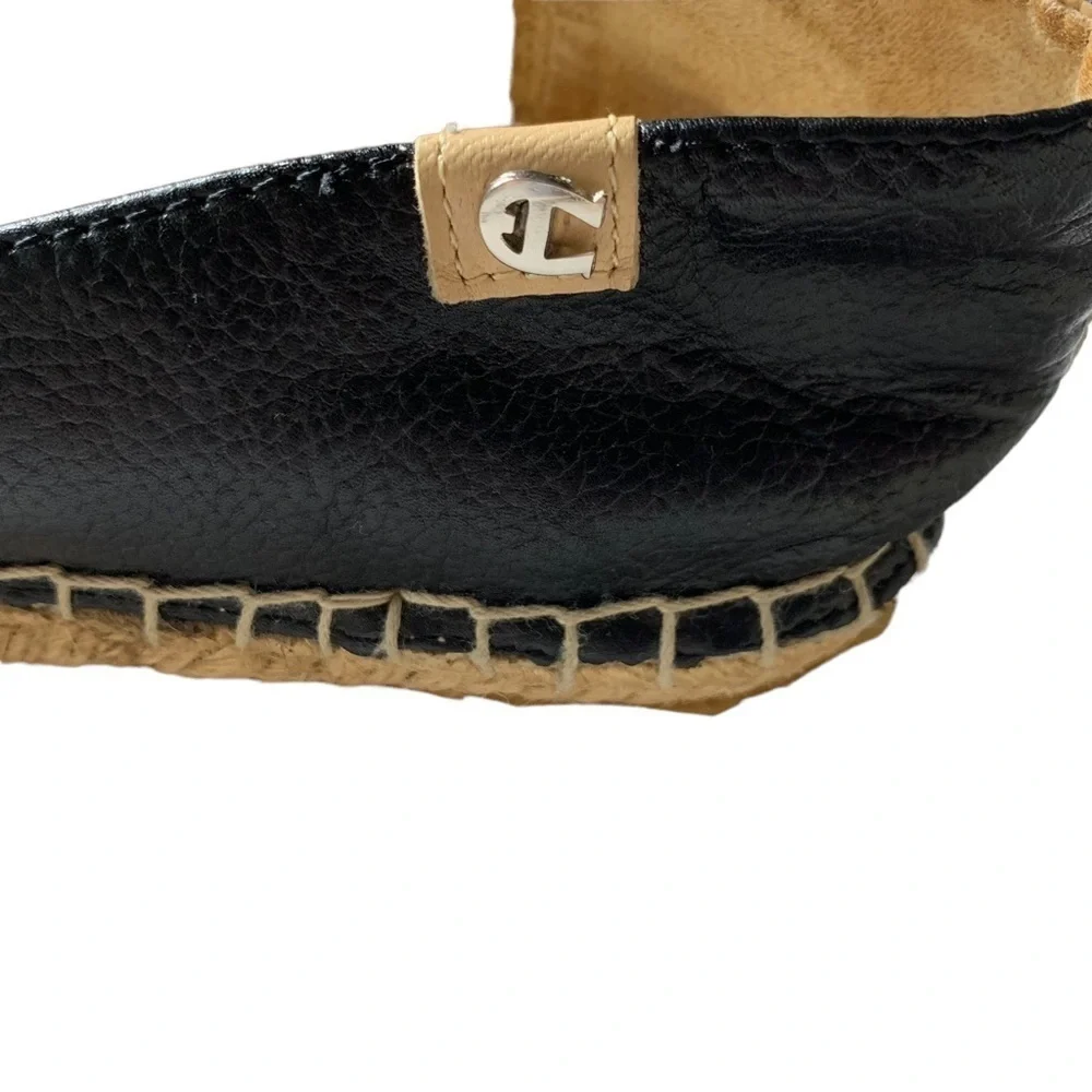 Etienne Aigner Black Leather Flat Espadrille /Tortoise Shell & Silver Accents
